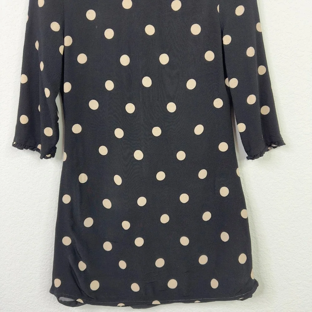 Kate Spade Dress Womens 0‎ Black Tan Polka Dot Ruffle Trim Feminine Quiet Luxury